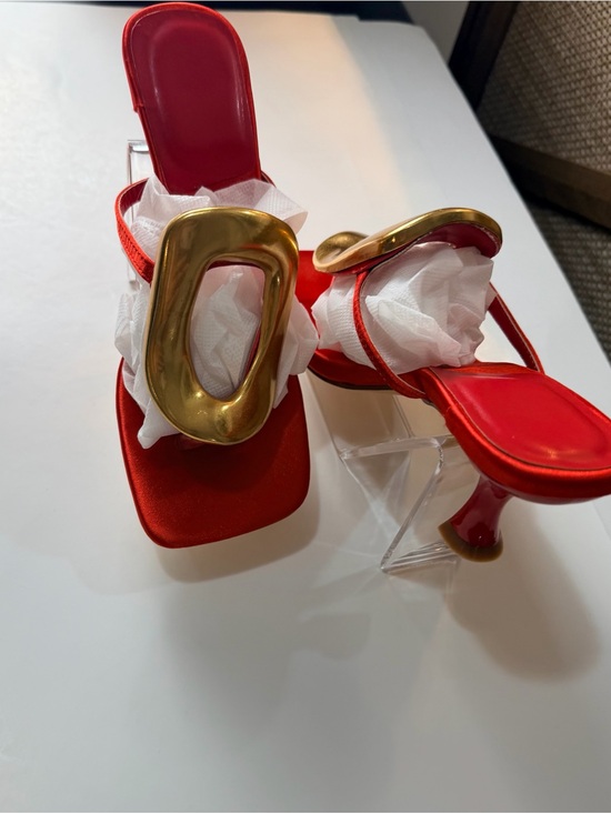 SHEIN Shoes - Red Satin Gold Buckle Clear Heel Mule Sandals Size 7